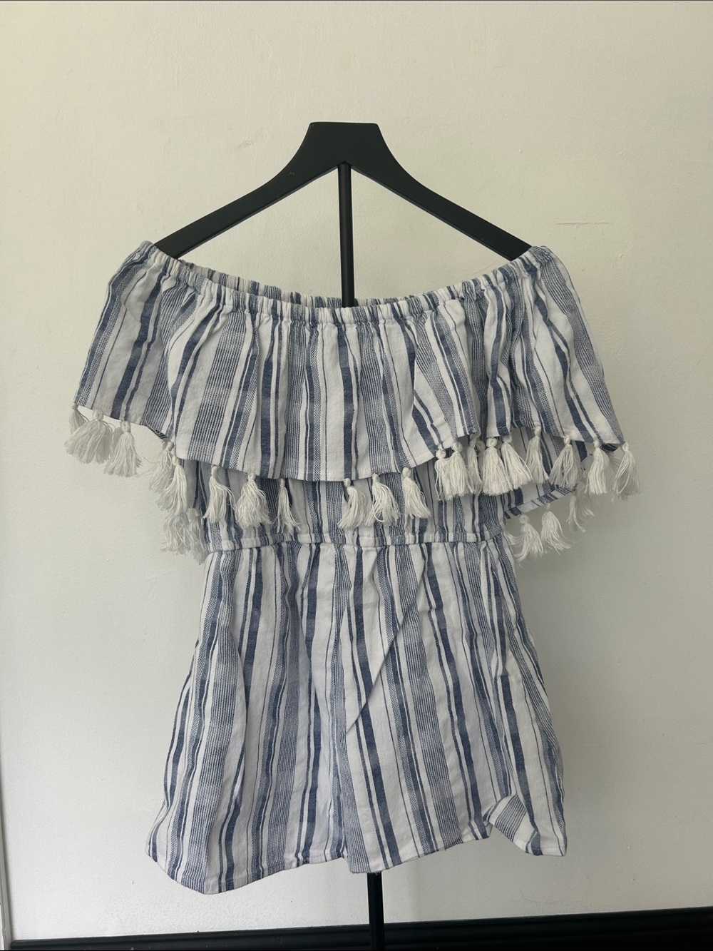 ASOS Blue and White Striped Off-Shoulder Romper with Tassels